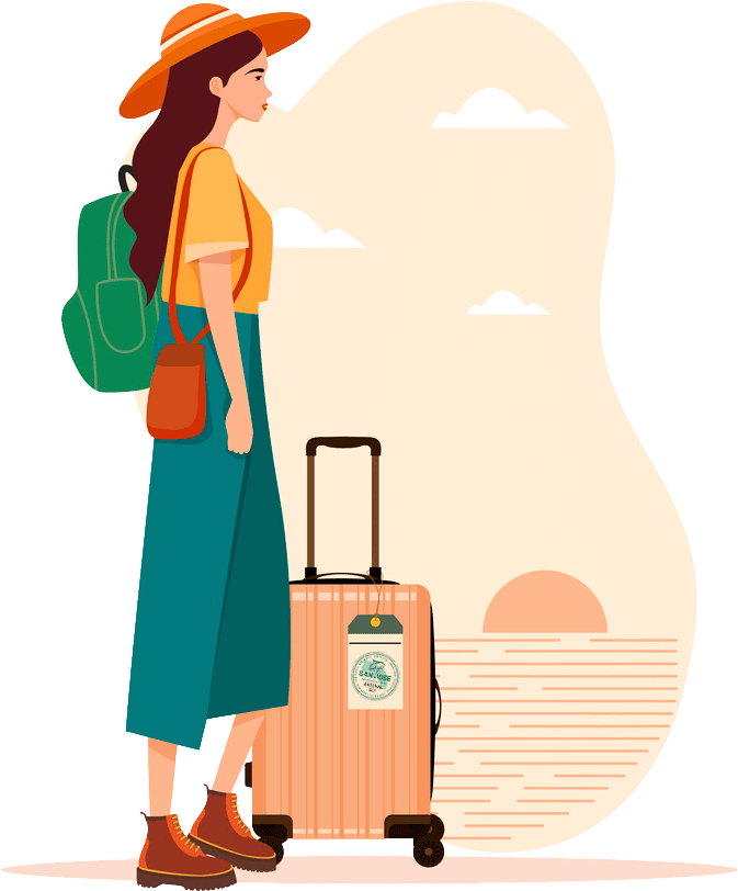 Vector illustration of boho style traveller, with hat and luggage.