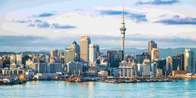 the skyline in Auckland, New Zealand, one of the easiest countries to get a work visa