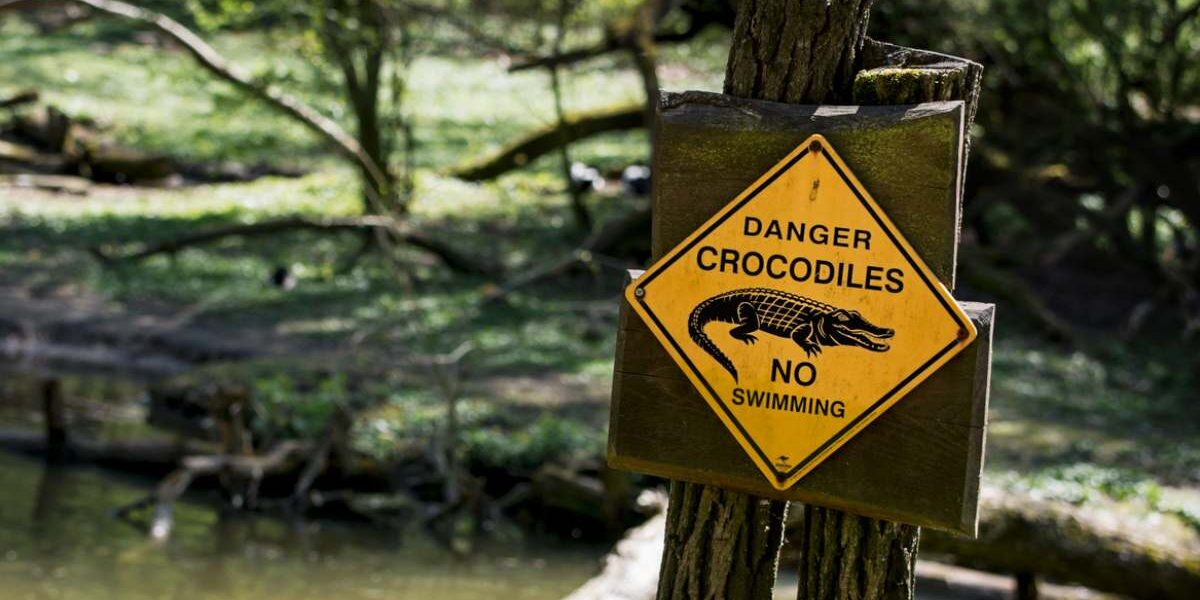 a crocodile danger sign in Australia, where tourists are advised to buy travel insurance for Australia