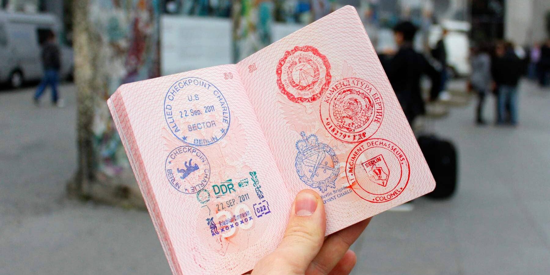 a hand holding a passport full of colorful stamps for different countries